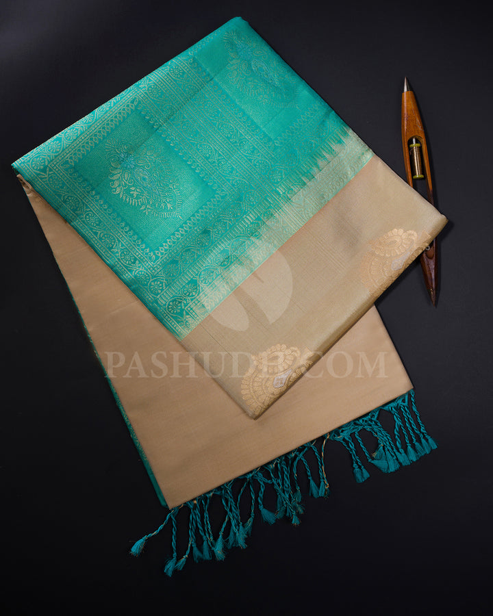 Beige and Turquoise Soft Silk Saree - AC79