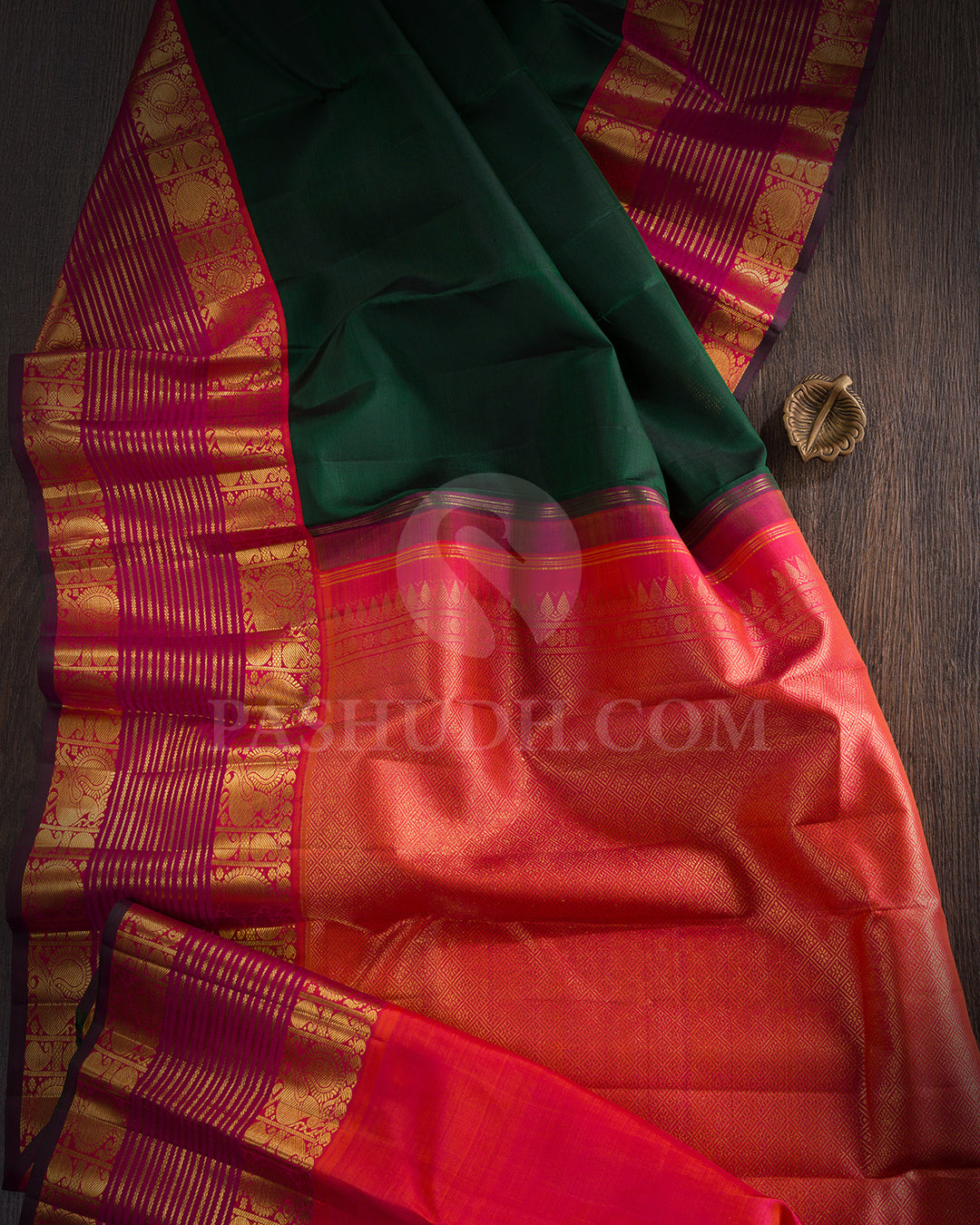 Bottle Green And Orange Shot Rani Pink Kanjivaram Silk Saree - BKF16