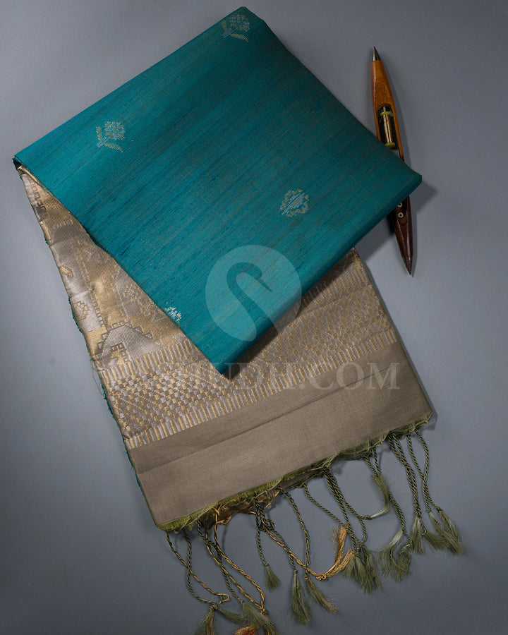 Teal and Greige Dupion Soft Silk Saree - AC45
