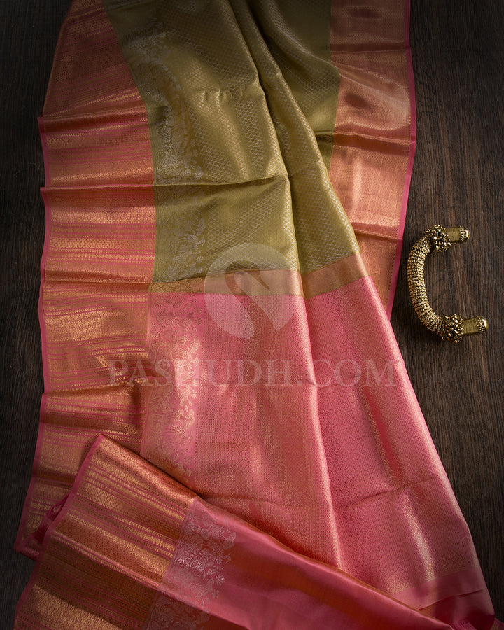 Golden Beige And Peachy Pink Kanjivaram Silk Saree - D572( C )