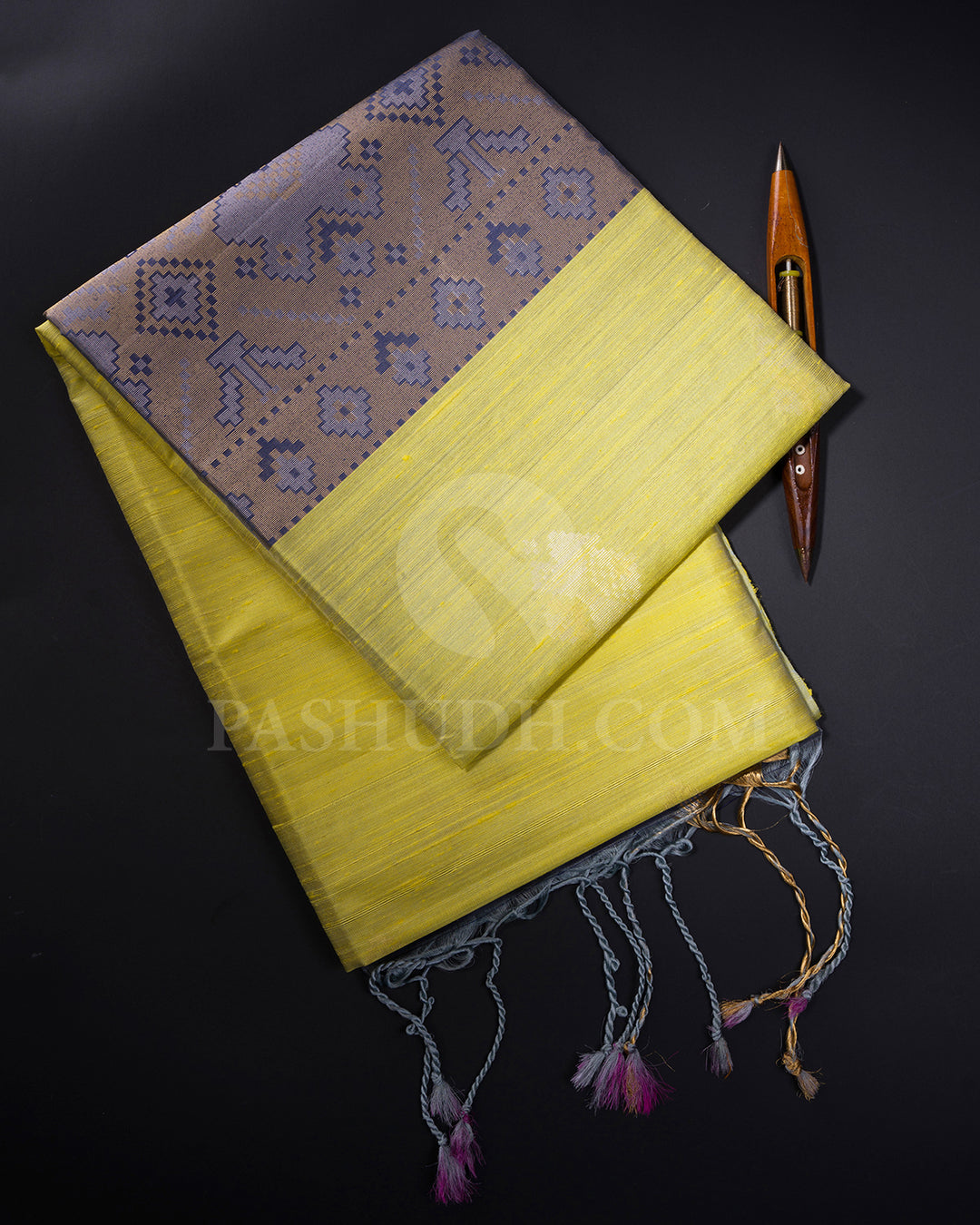 Grey and Fluroscent Yellow Dupion Soft Silk Saree - AC12