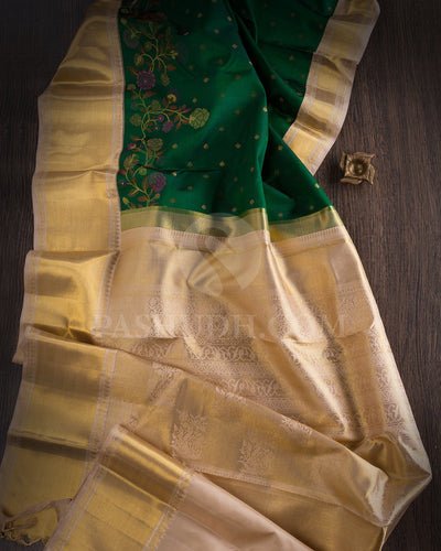 Forest Green And Ivory Pure Zari Kanjivaram Silk Saree - P173(A)