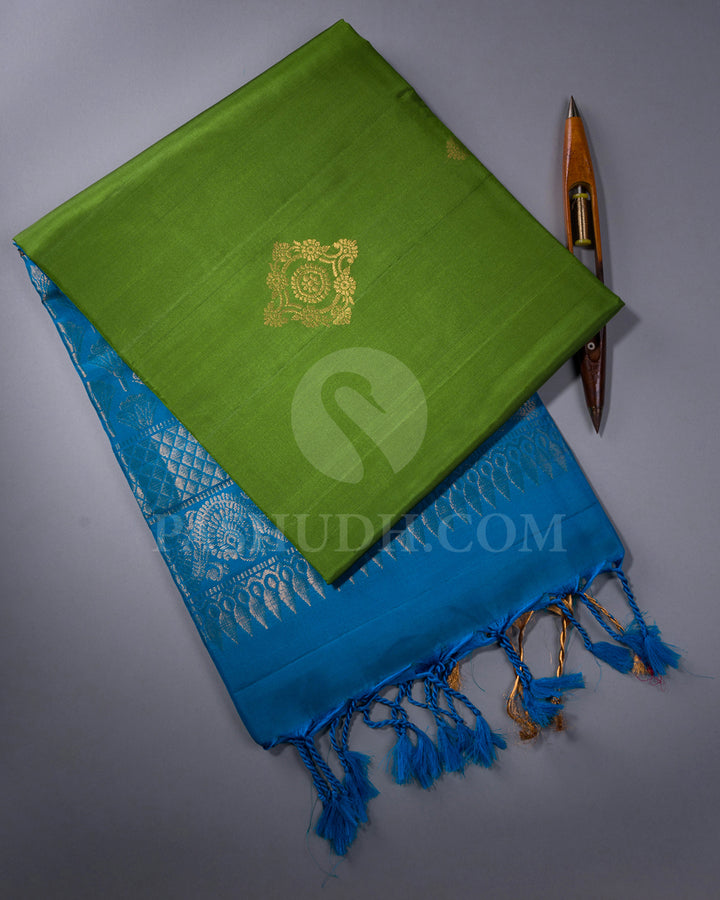 Olive Green and Anandha Blue Soft Silk Saree - AC44