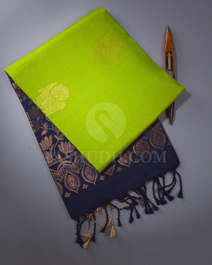 Parrot Green and Navy Blue Soft Silk Saree - AC25