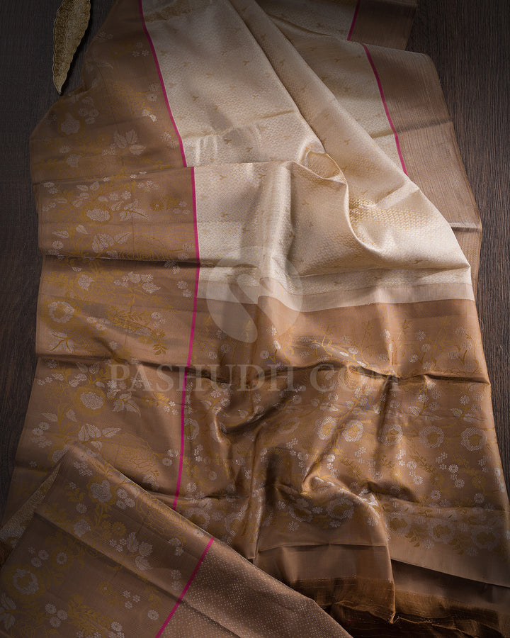 Beige And Ash Brown Kanjivaram Silk Saree - DJ344( C )