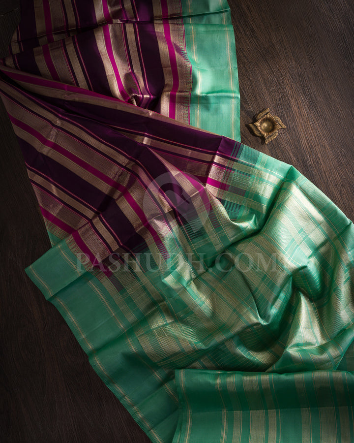 Violet , Rani Pink and Mint Green Kanjivaram Silk Saree - AK18
