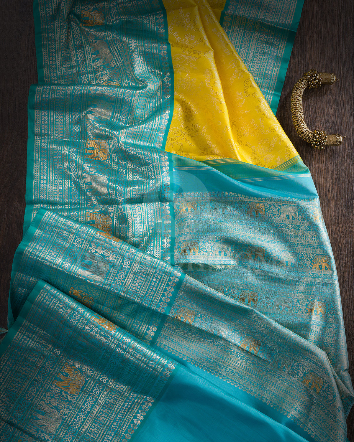 Neon Yellow And Sky Blue Kanjivaram Silk Saree - S1398(A)