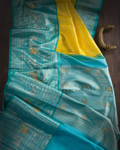 Neon Yellow And Sky Blue Kanjivaram Silk Saree - S1398(A)