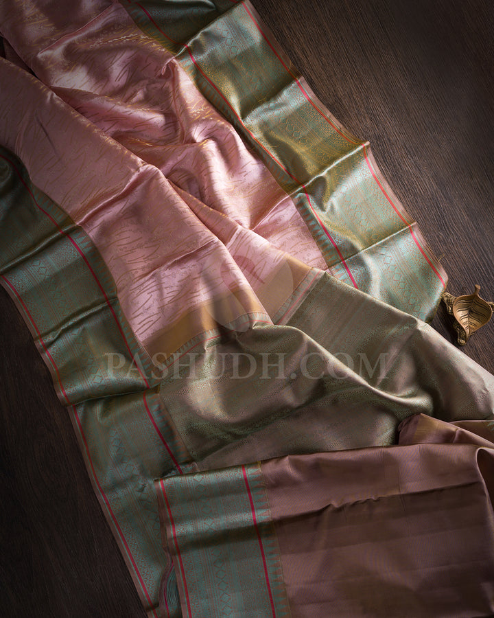 Lace Pink And Khaki Shimmer Kanjivaram Silk Saree - D603(B)