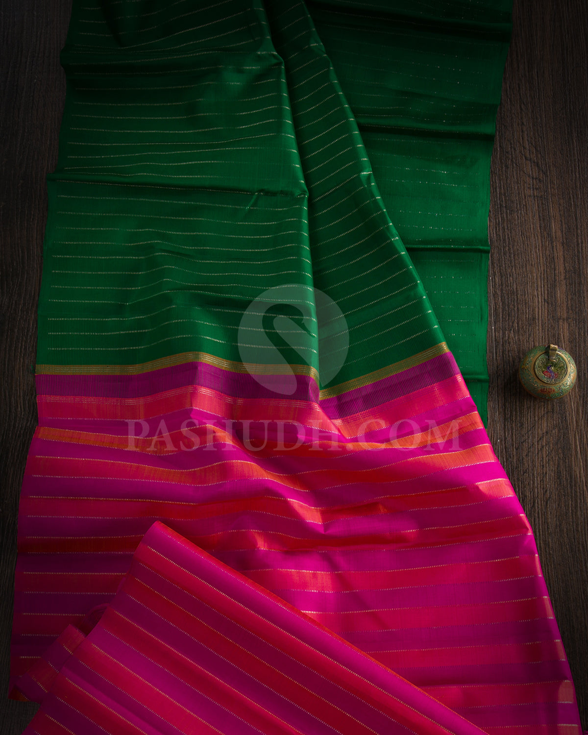 Forest Green And Rani Pink Borderless Traditional Kanjivaram Silk Saree - SVJ91