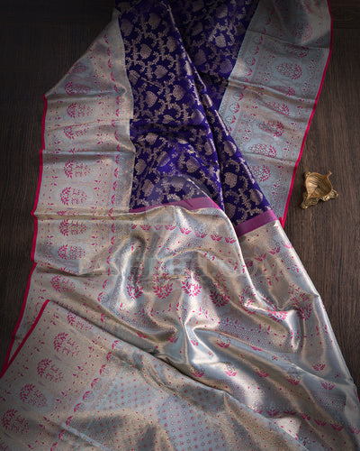 Royal Blue And Sky Blue Kanjivaram Silk Saree with Shimmer Border - S1037(B)