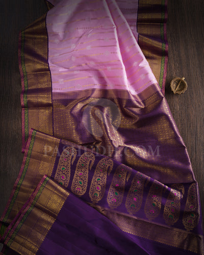 Baby Pink And Violet Pure Zari Kanjivaram Silk Saree - P172(A)