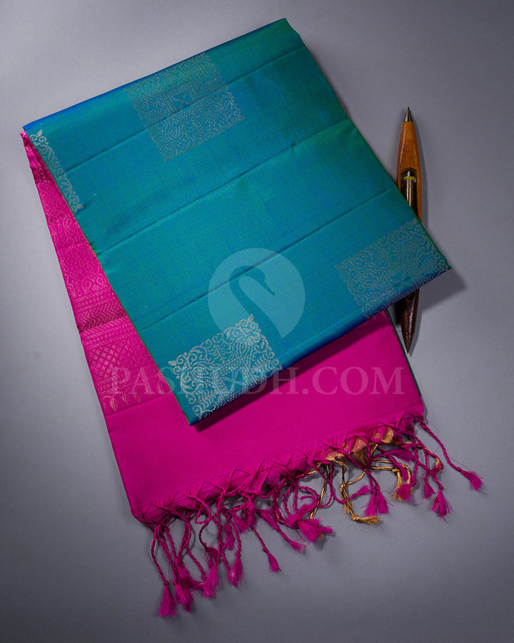 Greenish Blue and Rani Pink Soft Silk Saree - AC78