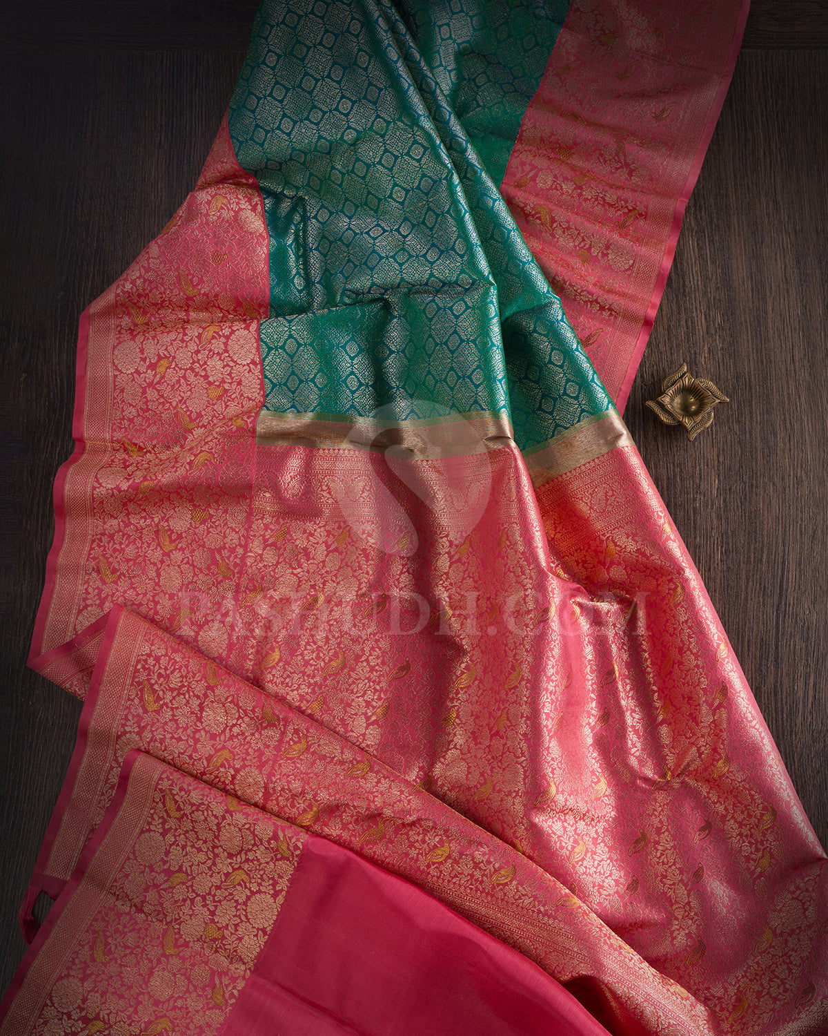 Green Shot Blue And Watermelon Pink Kanjivaram Silk Saree - S1387(A)