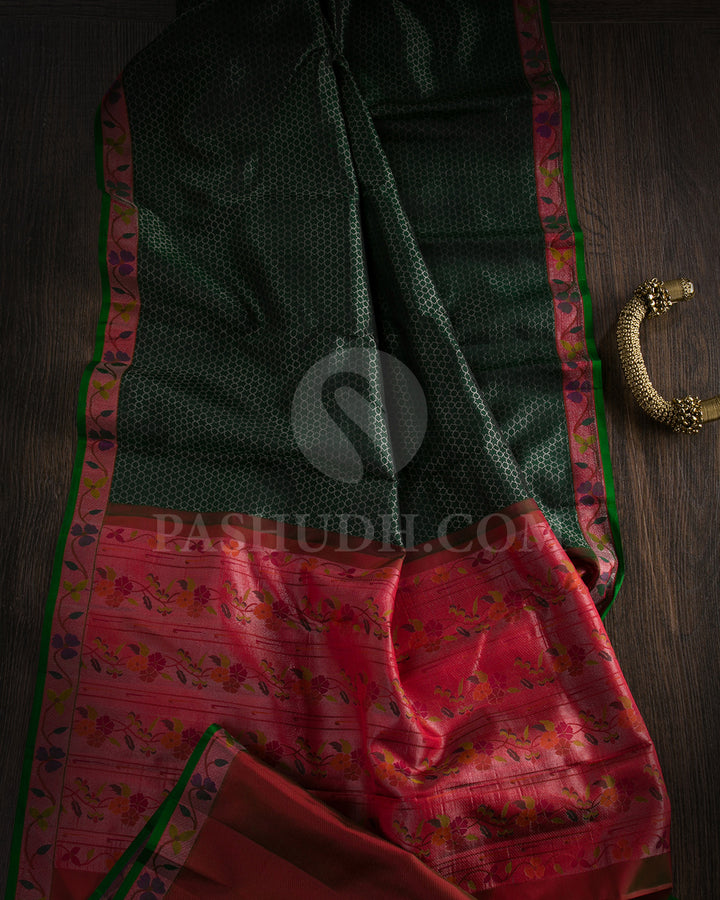 Dark Green And Red Kanjivaram Silk Saree - DJ340(A)