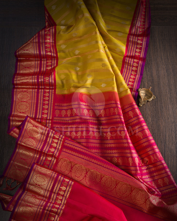 Mustard Yellow And Bright Red Kanjivaram Silk Saree - S1376(A)