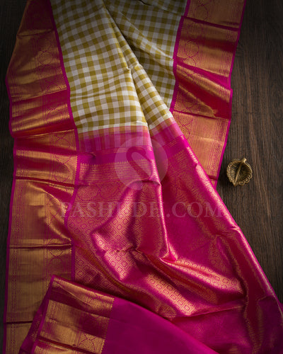 Off White, Khaki And Rani Pink Kora Kanjivaram Silk Saree - SVJ66