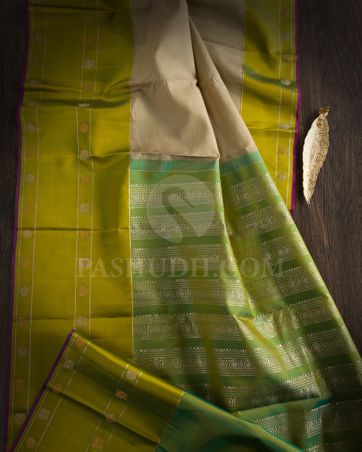 Off White, Beige Checkered And Alli Green Kanjivaram Silk Saree - S1361(A)