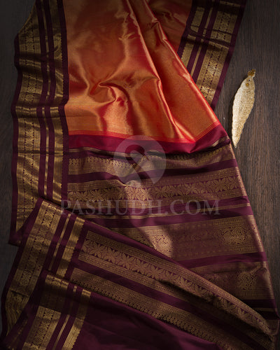 Orange And Brown Shimmer Kanjivaram Silk Saree - BKF2