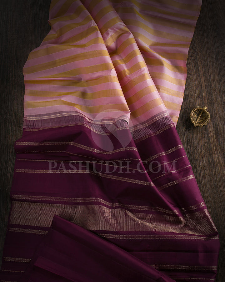 Beige, Baby Pink And Aubergine Borderless Traditional Kanjivaram Silk Saree - SVJ81