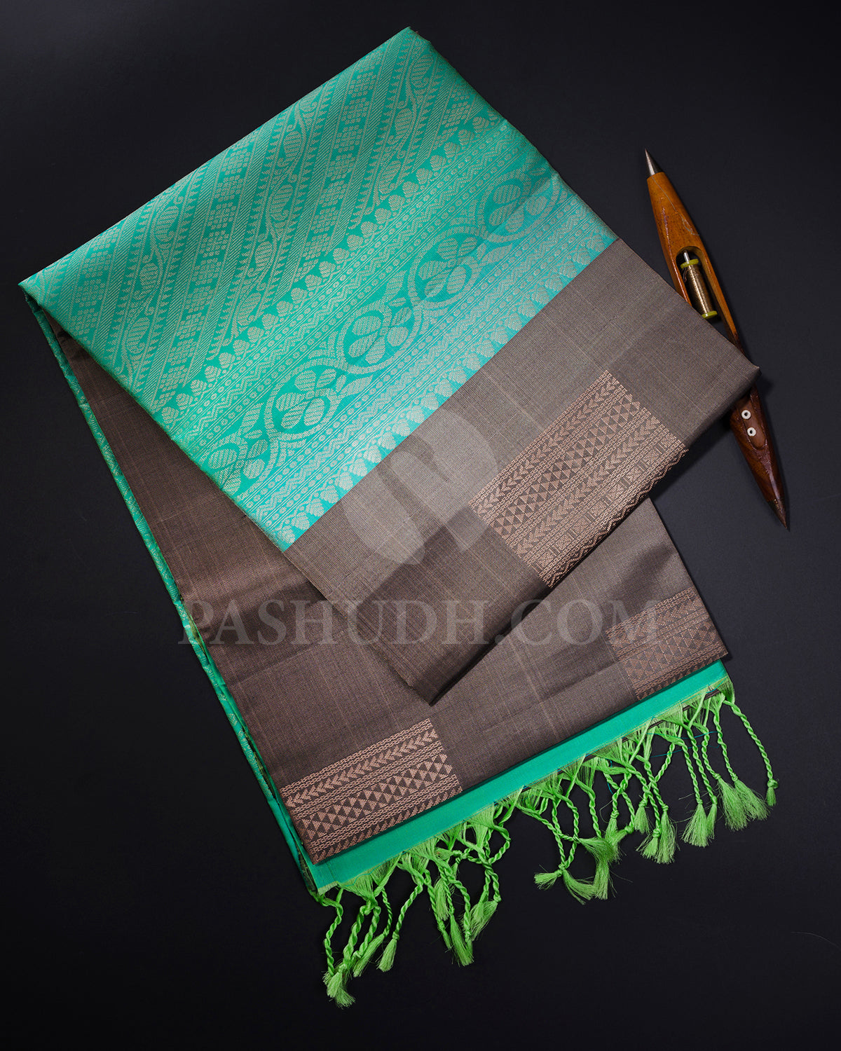 Fossil Grey and Cyan Soft Silk Saree - AC73