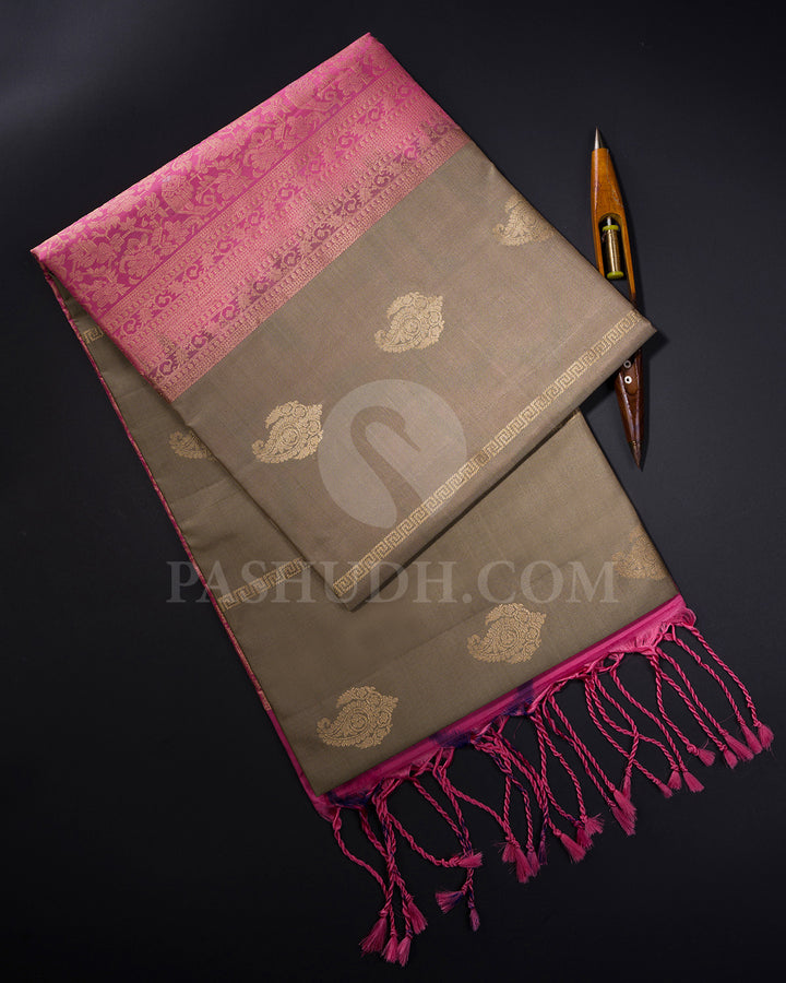 Khaki and Light Pink Soft Silk Saree - AC36