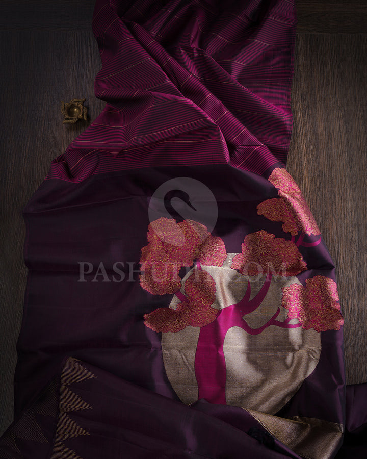 Aubergine And Pink Borderless Kanjivaram Silk Saree - S1378(A)