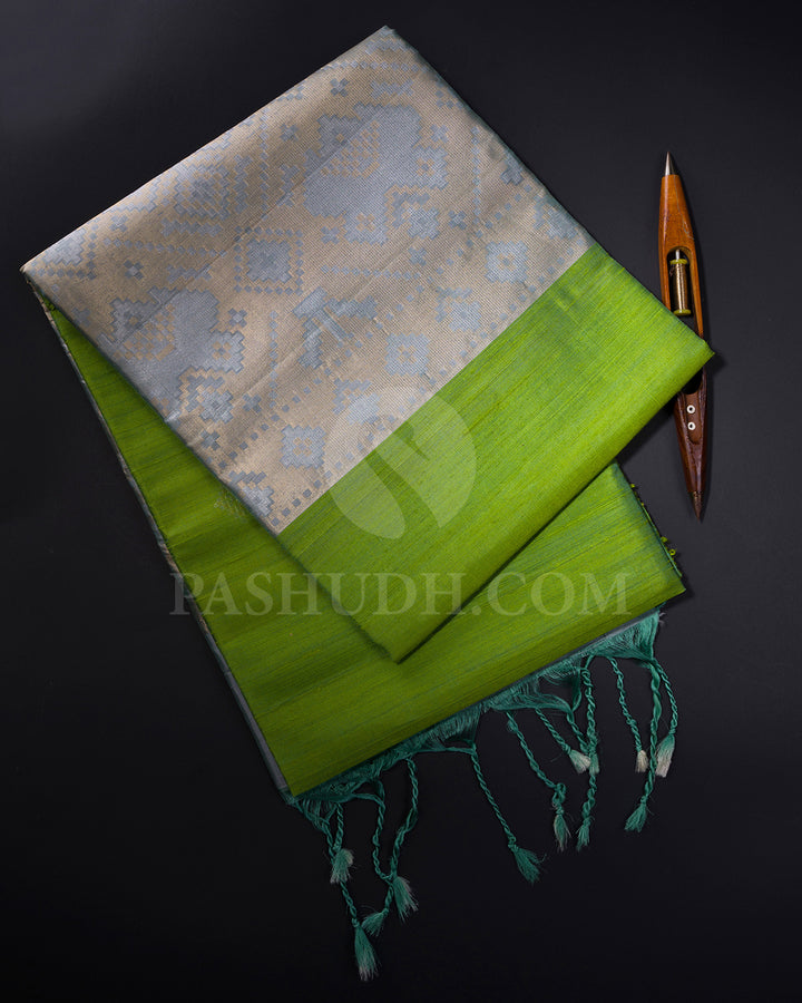 Light Green and Teal Blue Dupion Soft Silk Saree - AC70