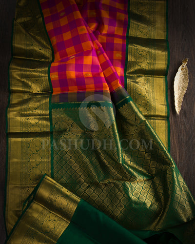 Magenta, Orange And Forest Green Traditional Kanjivaram Silk Saree - SVJ65