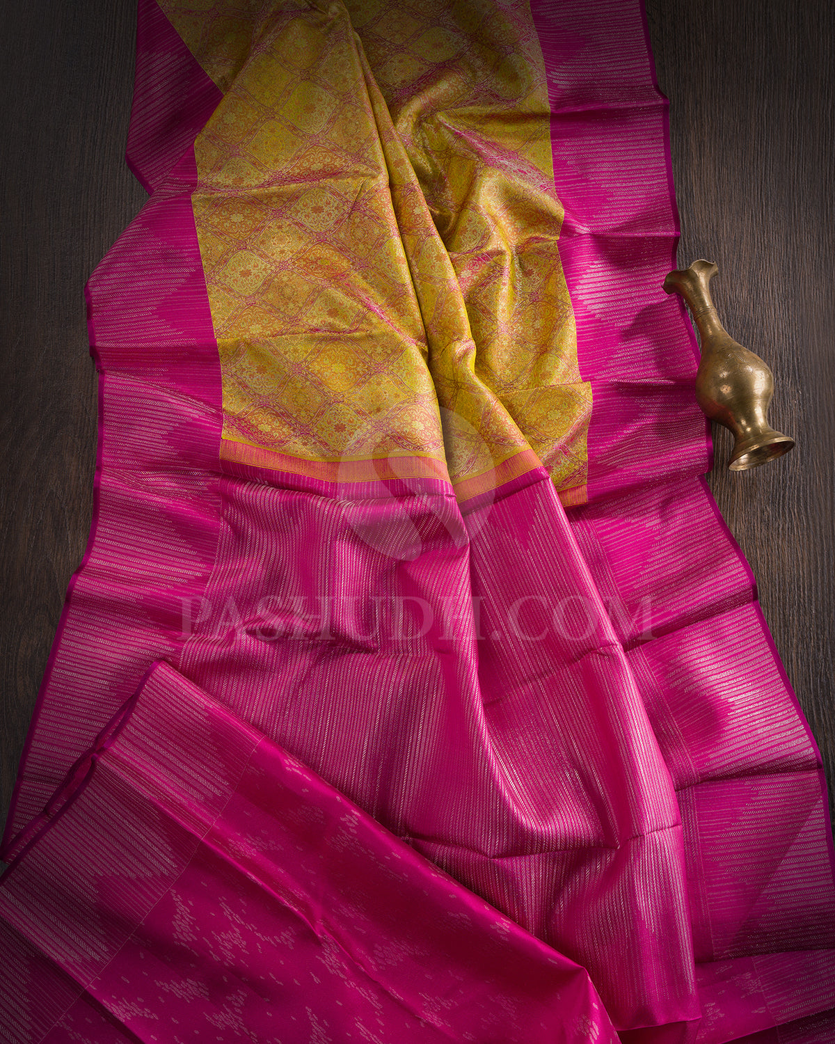 Dual Toned Yellow And Rani Pink Kanjivaram Silk Saree - D601(B)