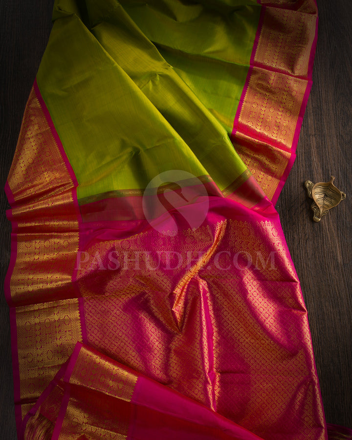 Light Green And Bright Pink Traditional Kanjivaram Silk Saree - SVJ56