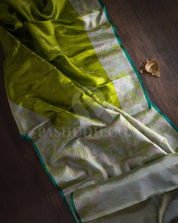 Parrot Green And Pastel Cyan Shimmer Kanjivaram Silk Saree  - DJ351(B)