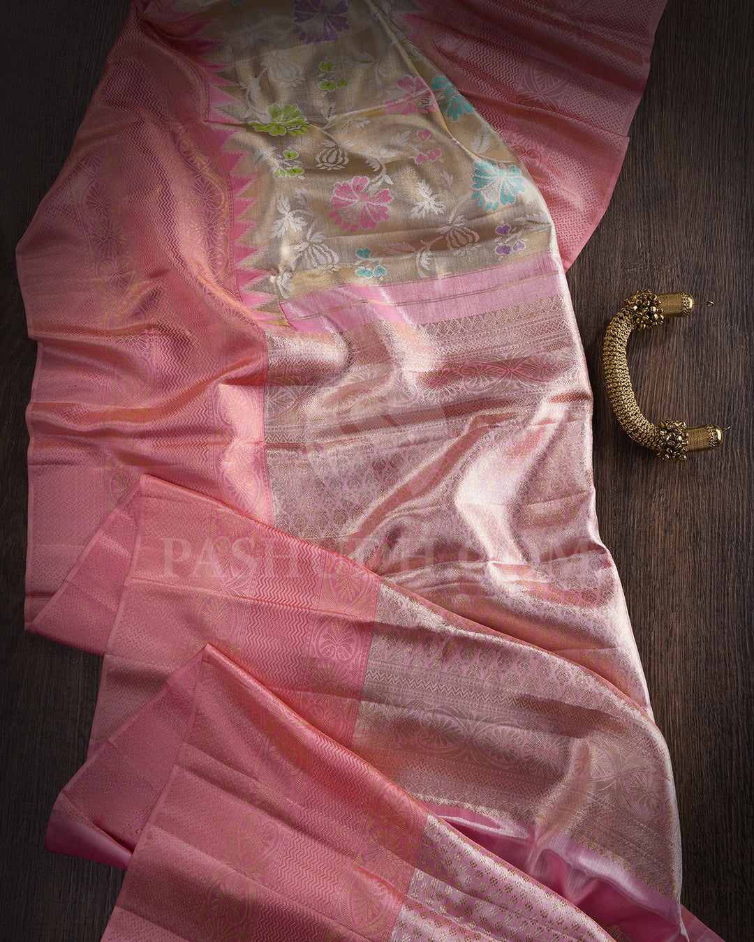 Silver gold And Baby Pink Tissue Kanjivaram Silk Saree - BKB14