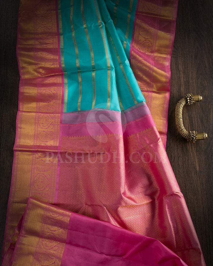 Turquoise Blue And Pink Traditional Kanjivaram Silk Saree - SVJ61