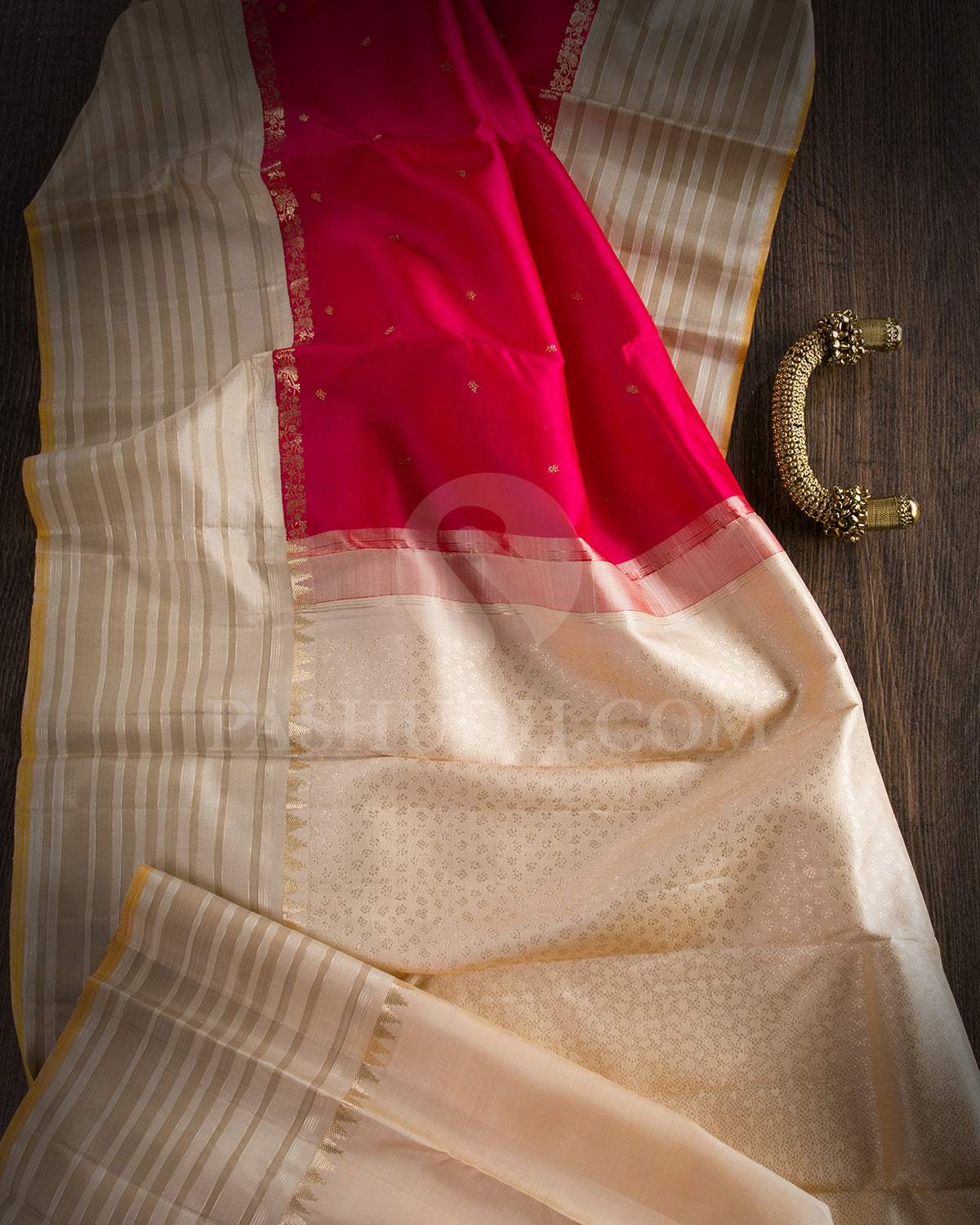 Rasberry Pink And Off White Traditional Kanjivaram Silk Saree - AK17