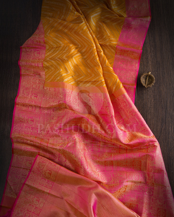 Mango Yellow And Candy Pink Kanjivaram Silk Saree - D567(B)