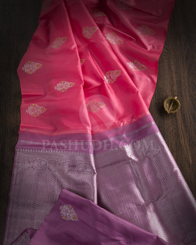 Watermelon Pink And Lavender Borderless Traditional Kanjivaram Silk Saree - SVJ59