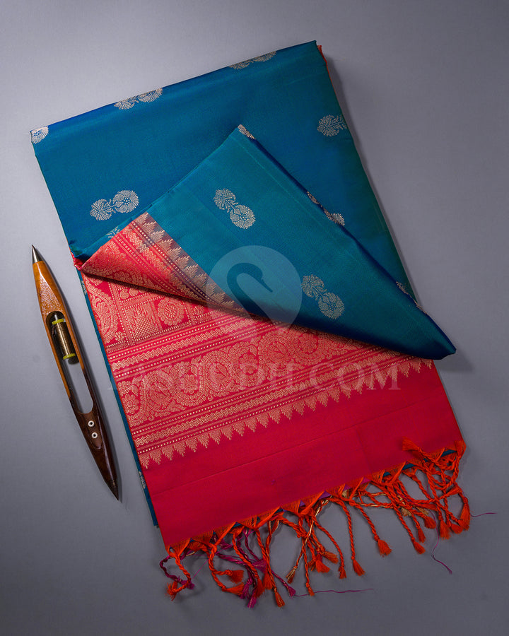 Peacock Blue, Orange and Rani Pink Sof Silk Saree - AC104