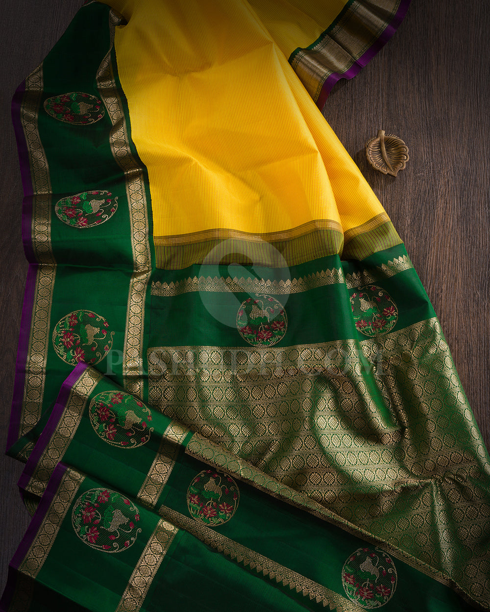 Bright Yellow And Bottle Green Kanjivaram Silk Saree - S1396(A)