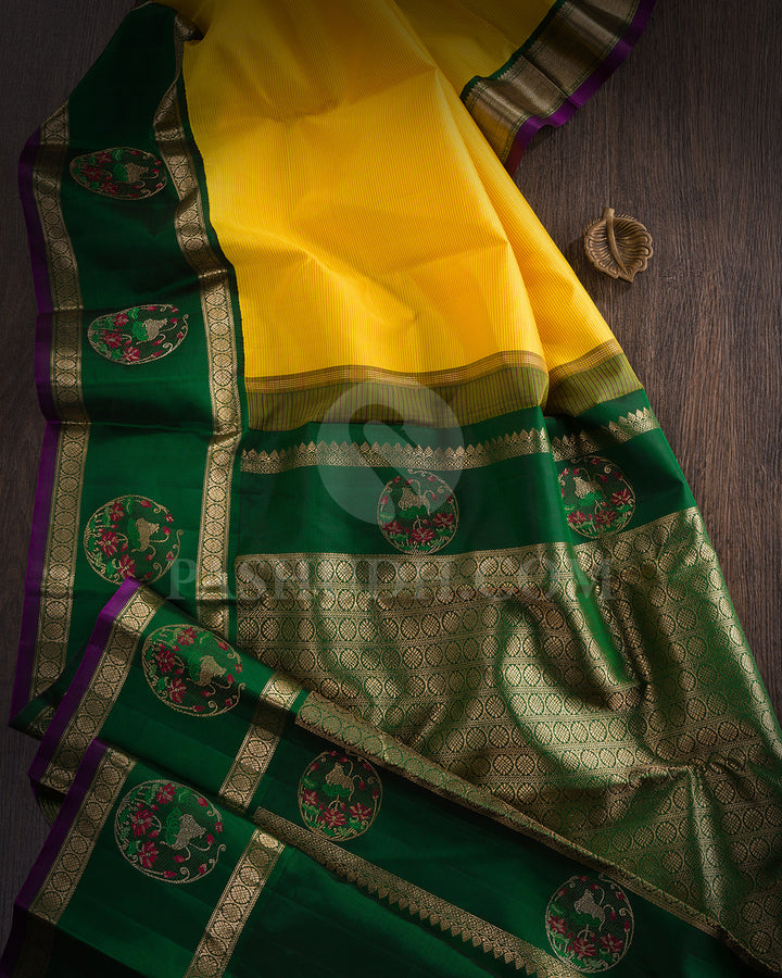 Bright Yellow And Bottle Green Kanjivaram Silk Saree - S1396(A)