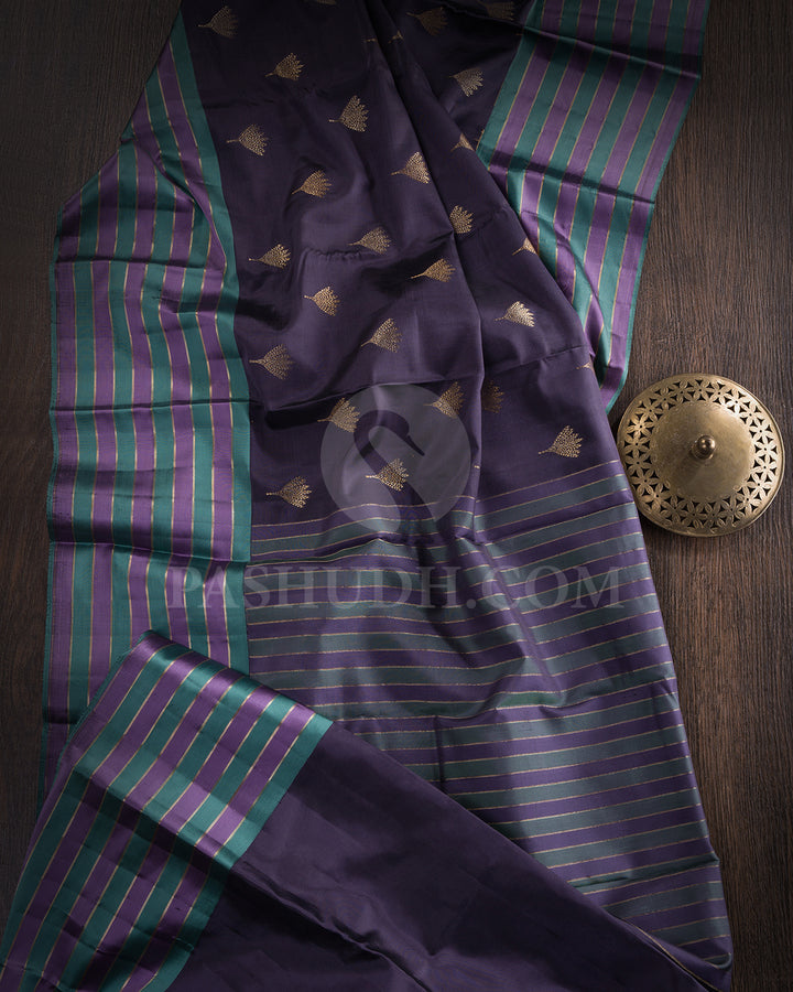 Charcoal Grey, Teal And Lavender Kanjivaram Silk Saree - D607(A)