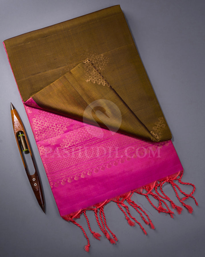 Moss Green and Peachy Pink Soft Silk Saree - AC58