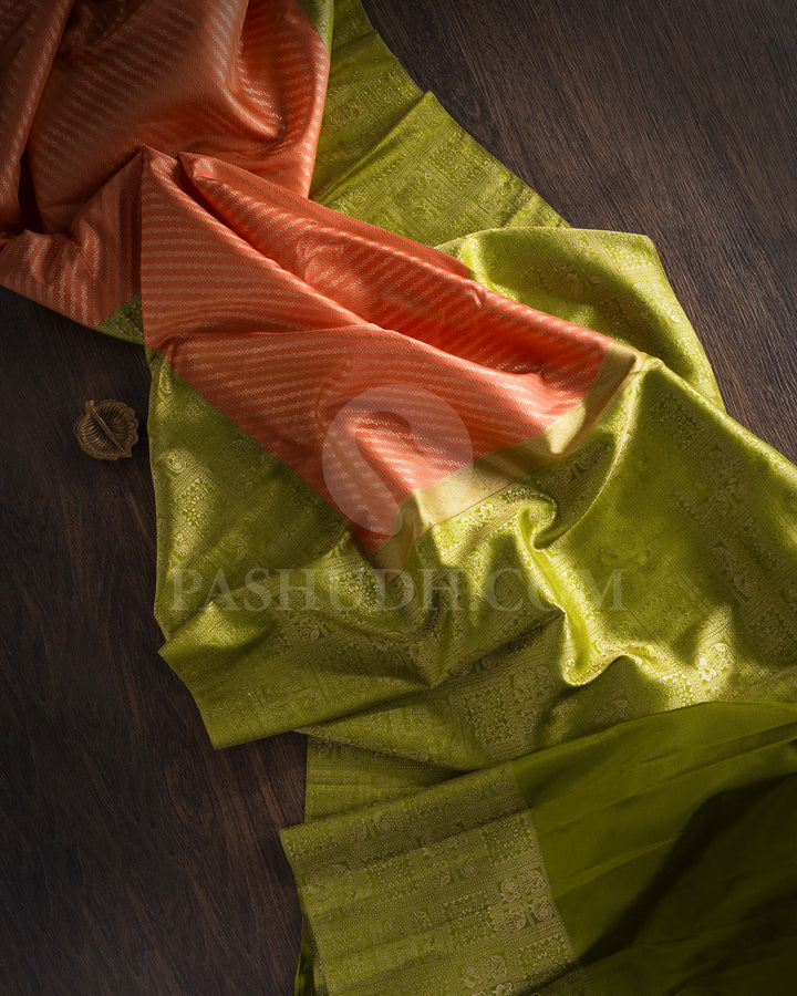 Peach And Light Green Kanjivaram Silk Saree - S1423(A)