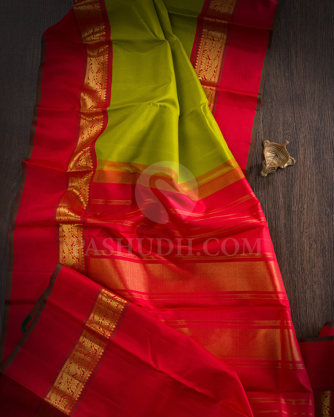 Olive Green And Red Kanjivaram Silk Saree - BKF19