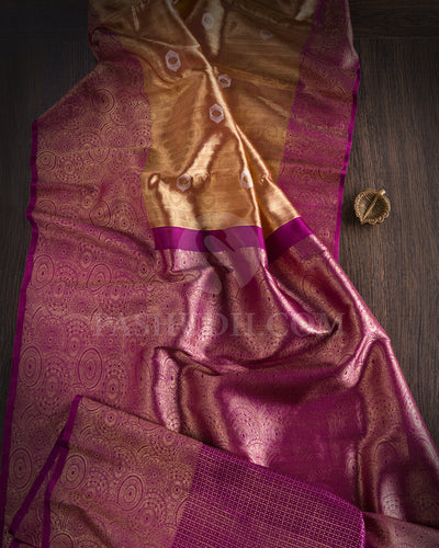 Gold And Violet Shimmer Organza Kanjivaram Silk Saree - S1373(A)