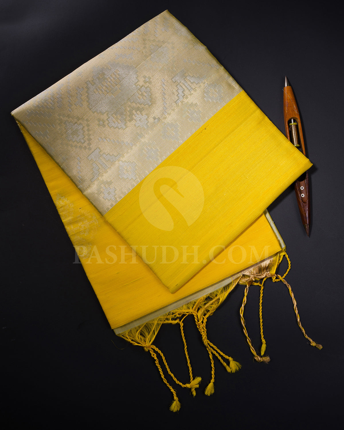 Bright Yellow and Grey Dupion Soft Silk Saree - AC62