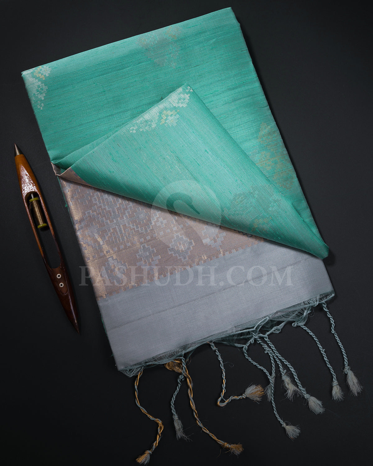 Cyan and Grey Dupion Soft Silk Saree - AC90