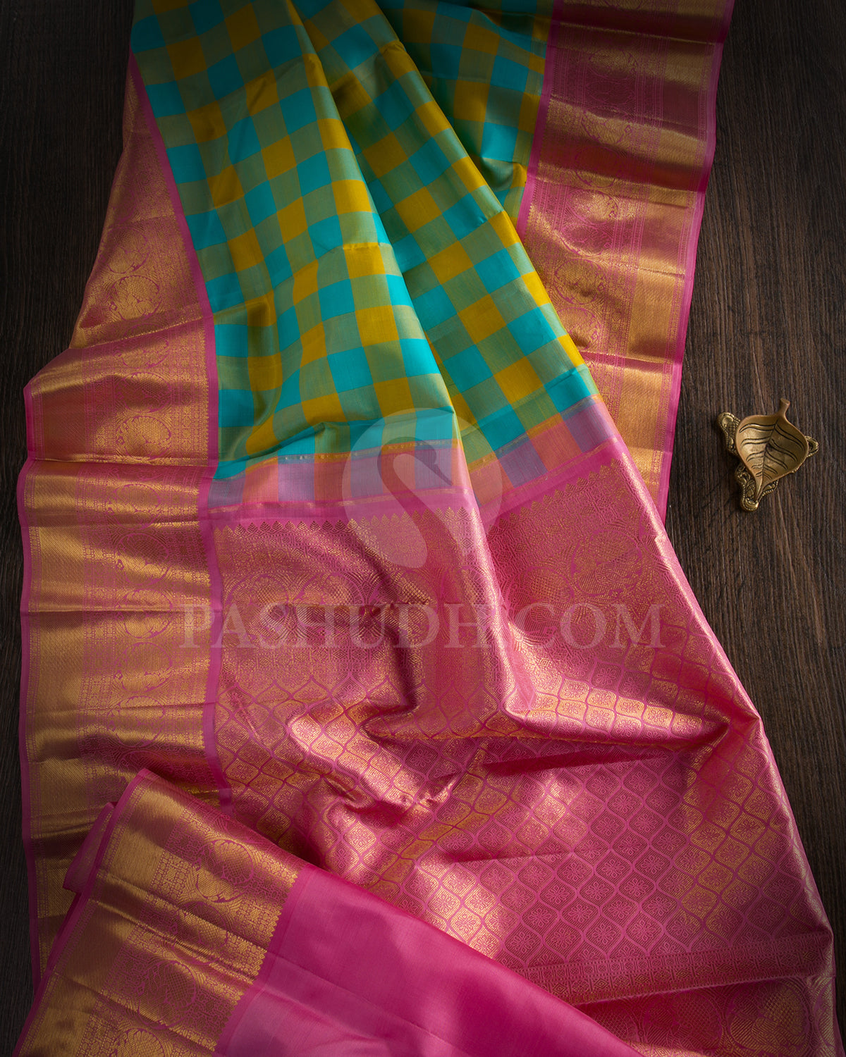 Mustard Yellow And Anandha Blue Checkered, Pink Traditional Kanjivaram Silk Saree - SVJ68