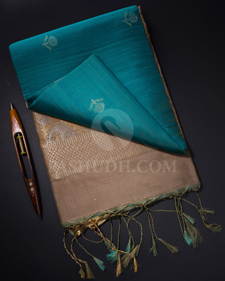 Prussian Green and Greige Soft Silk Saree - AC67