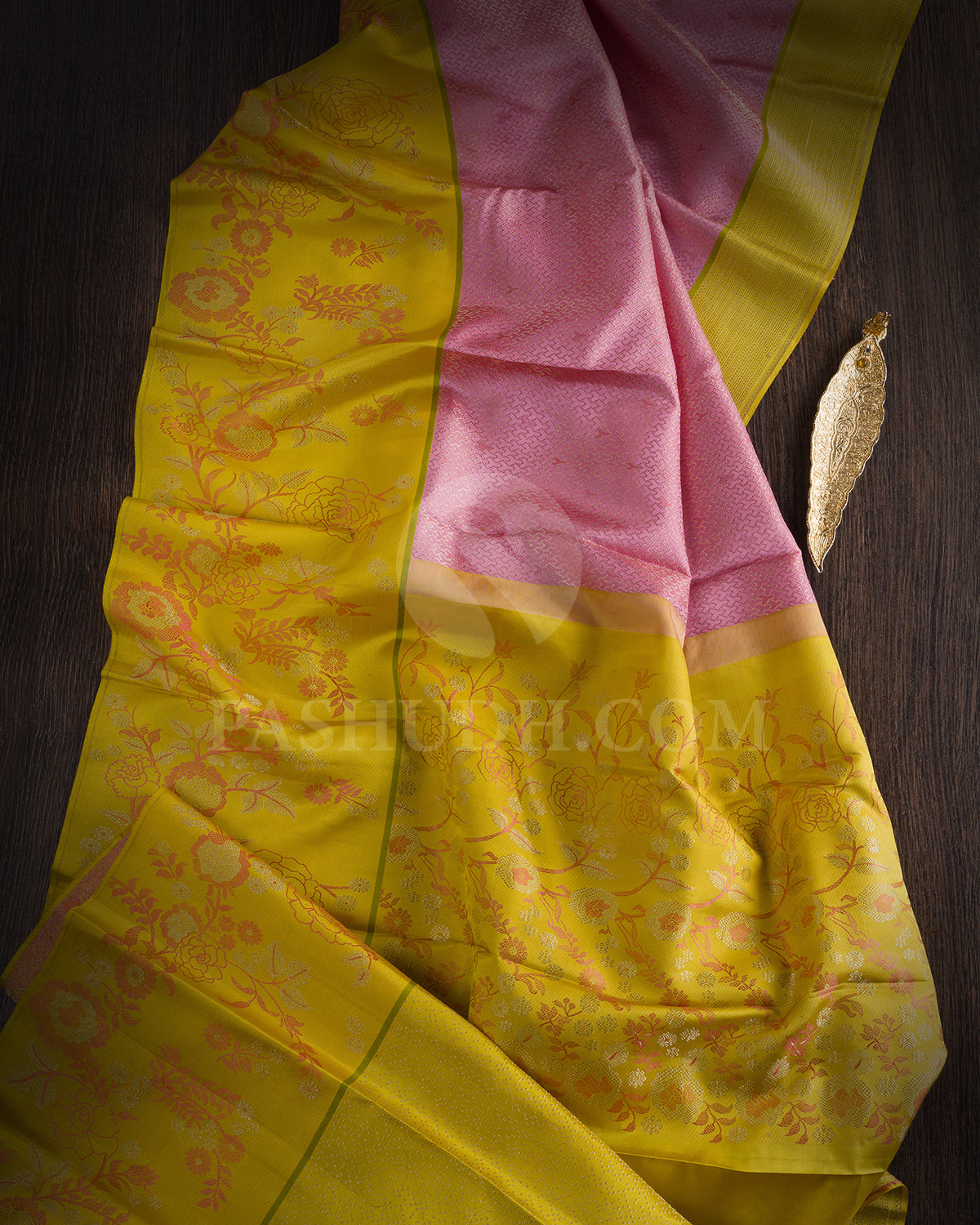 Baby Pink And Bumble Bee Yellow Kanjivaram Silk Saree - DJ344(A)